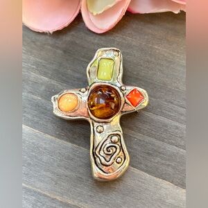 Vintage Silver Multicolor Stone Cross Brooch